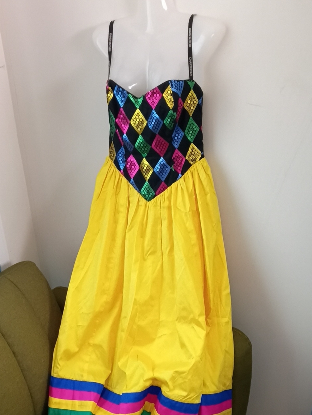 Yellow Tiered Casual Dress with Multicolor Diamond Bodice